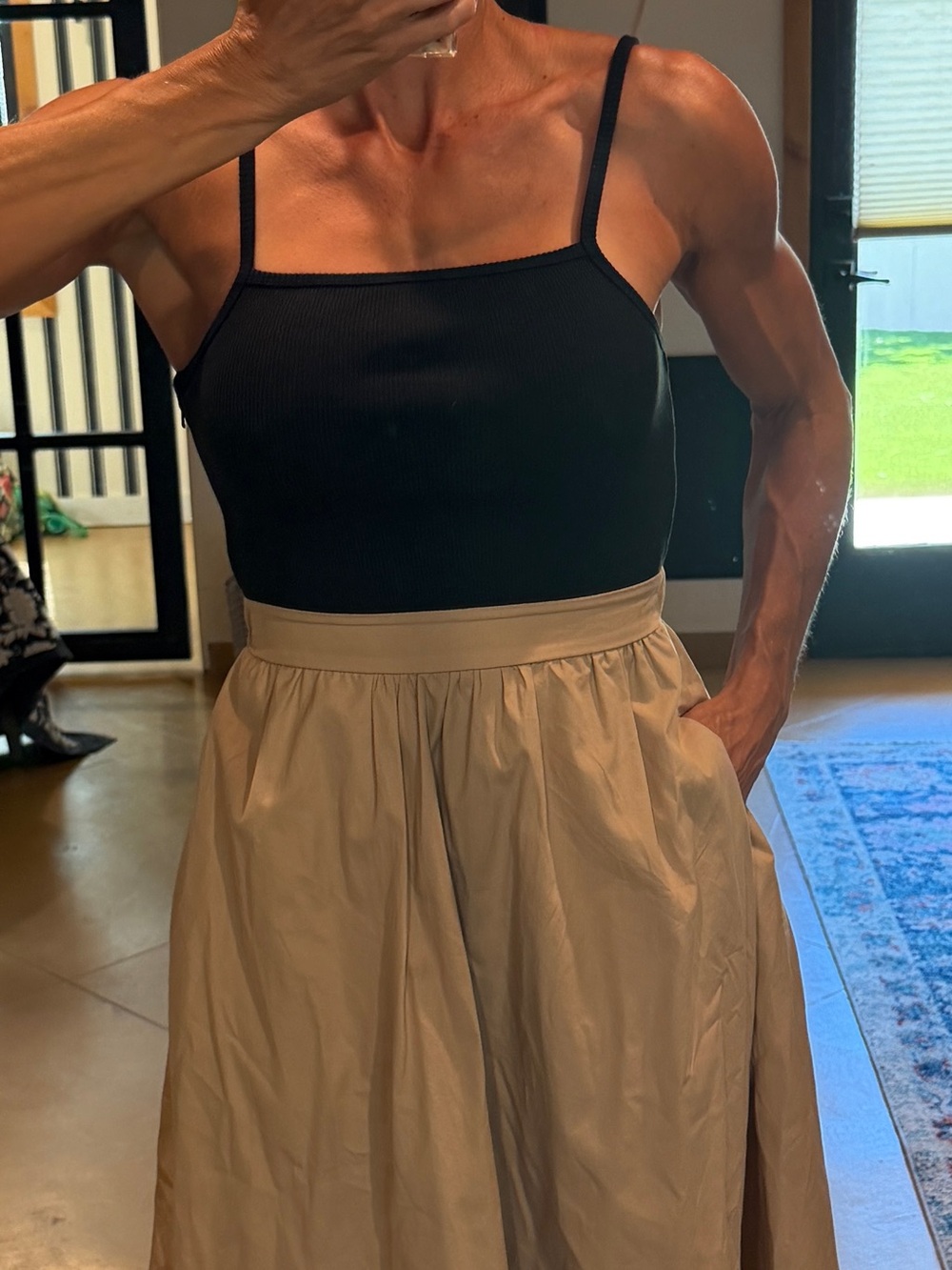 Anthropologie Black Square-Neck Tank with Beige Full Skirt